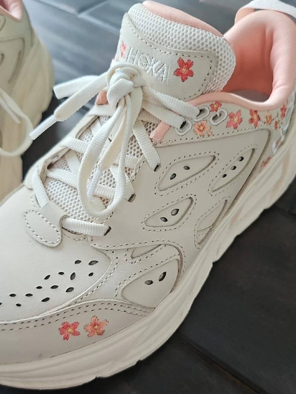 Hoka Women's Cream Athletic Sneakers with Pink/Peach Accents with Floral Details - Picture 2 of 8